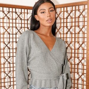 Lulus Sweet And Sophisticated Heather Grey Knit Faux-wrap Sweater - Size M